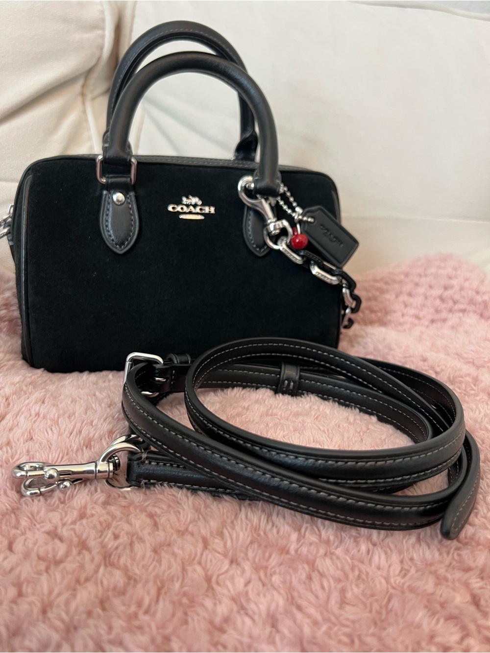 Coach Black Suede Mini Rowan with Silver Hardware